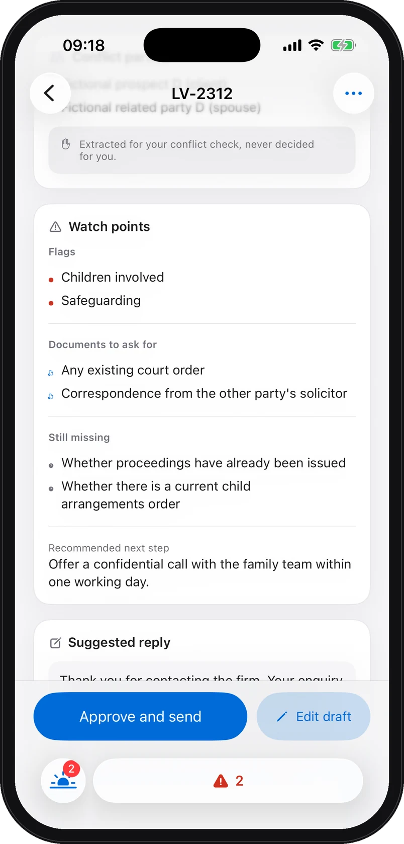 iPhone app screenshot with demo data: The enquiry brief on iPhone: watch points, documents to ask for, missing information, recommended next step and suggested reply.