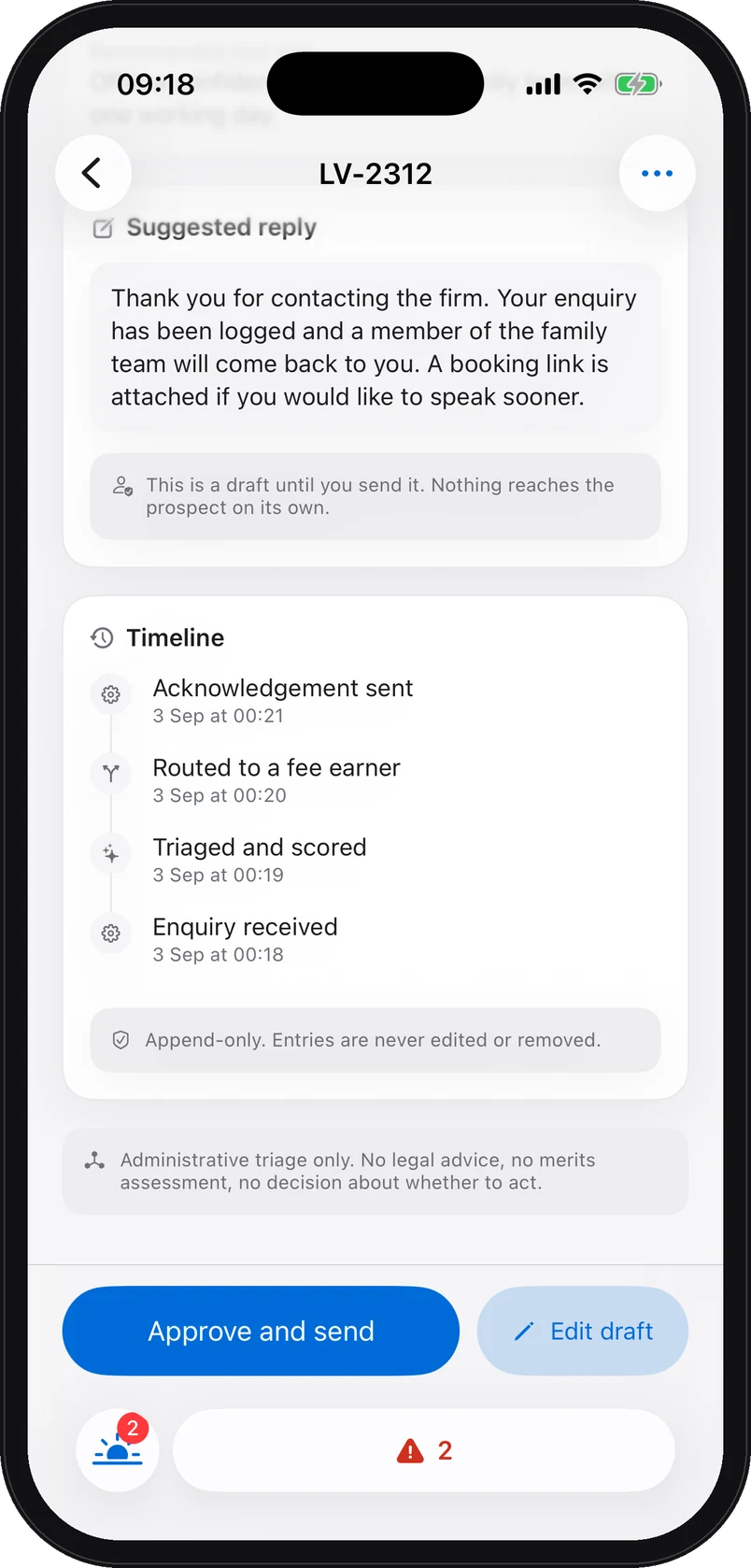 iPhone app screenshot with demo data: The suggested reply on iPhone, marked as a draft until it is sent, and the append-only timeline of the enquiry: received, triaged and scored, routed to a fee earner, acknowledgement sent.