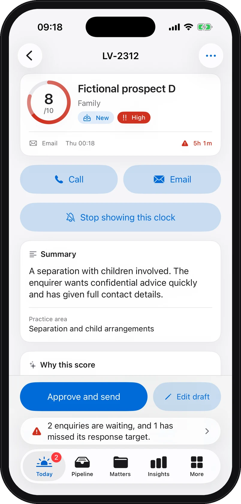 iPhone app screenshot with demo data: The enquiry brief on iPhone for a fictional enquiry: score 8 out of 10, practice area, high urgency, call or email, the lock-screen clock, summary, and the Approve and send, Edit draft buttons.